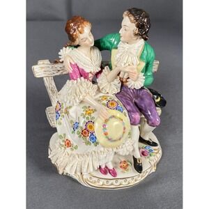 Antique 1762 Volkstedt Germany Porcelain Victorian Couple Sitting on Bench